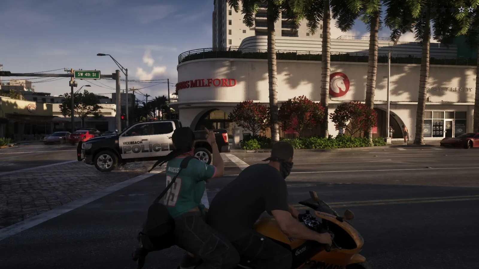 A motorbike getaway past a Vice City police cruiser outside the Milford hotel in GTA 6