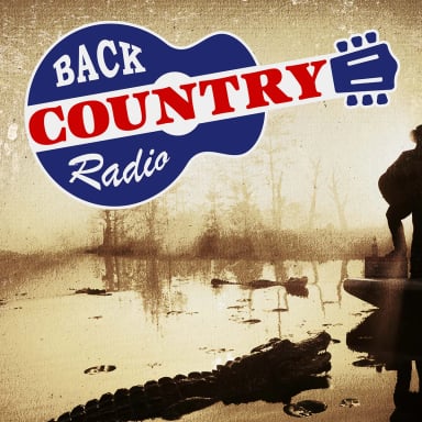 Official Back Country Radio artwork with a silhouetted guitarist on a boat surrounded by gators