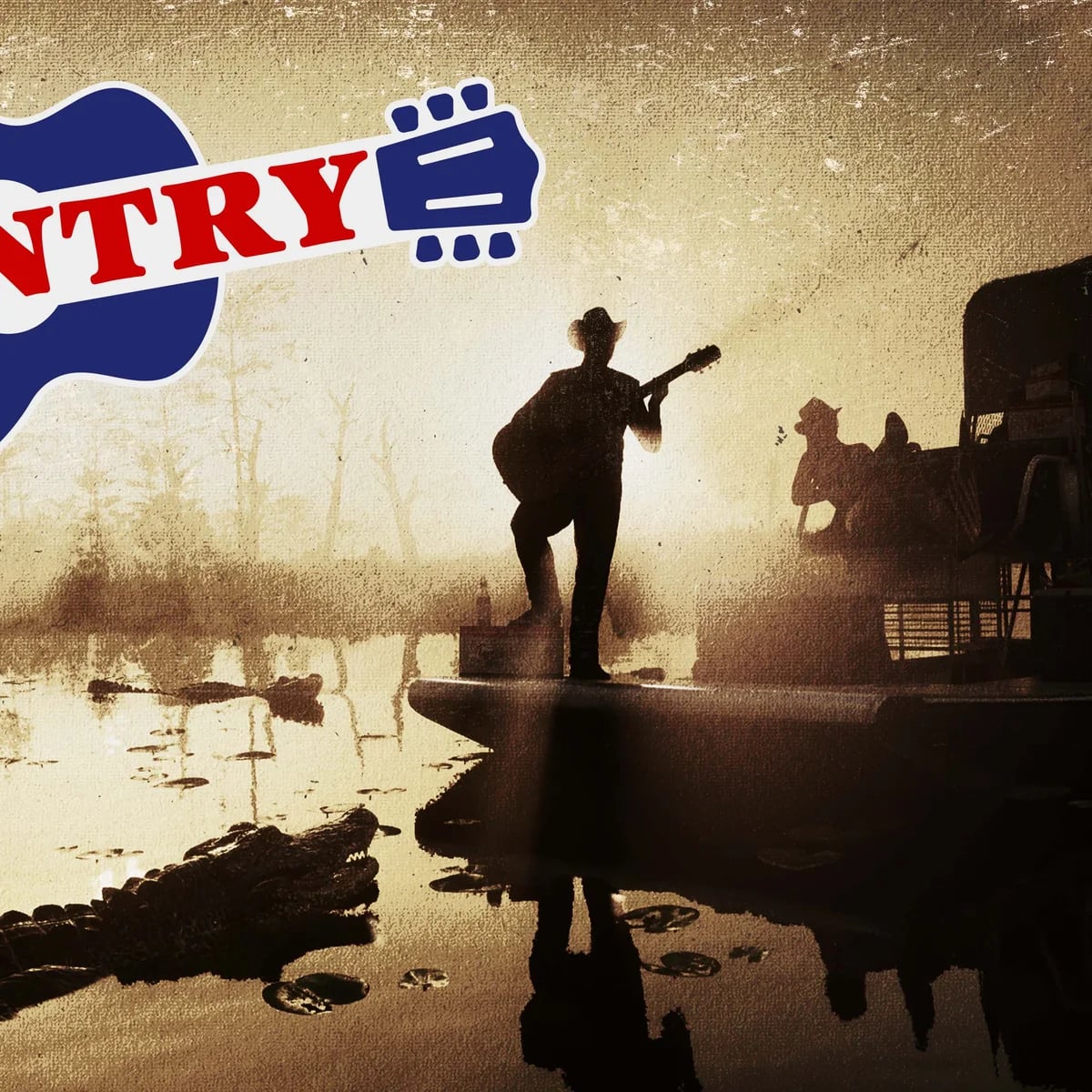 Official Back Country Radio artwork with a silhouetted guitarist on a boat surrounded by gators