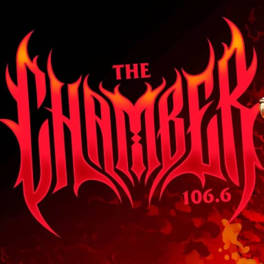 Official The Chamber 106.6 artwork with a skeleton holding a red guitar