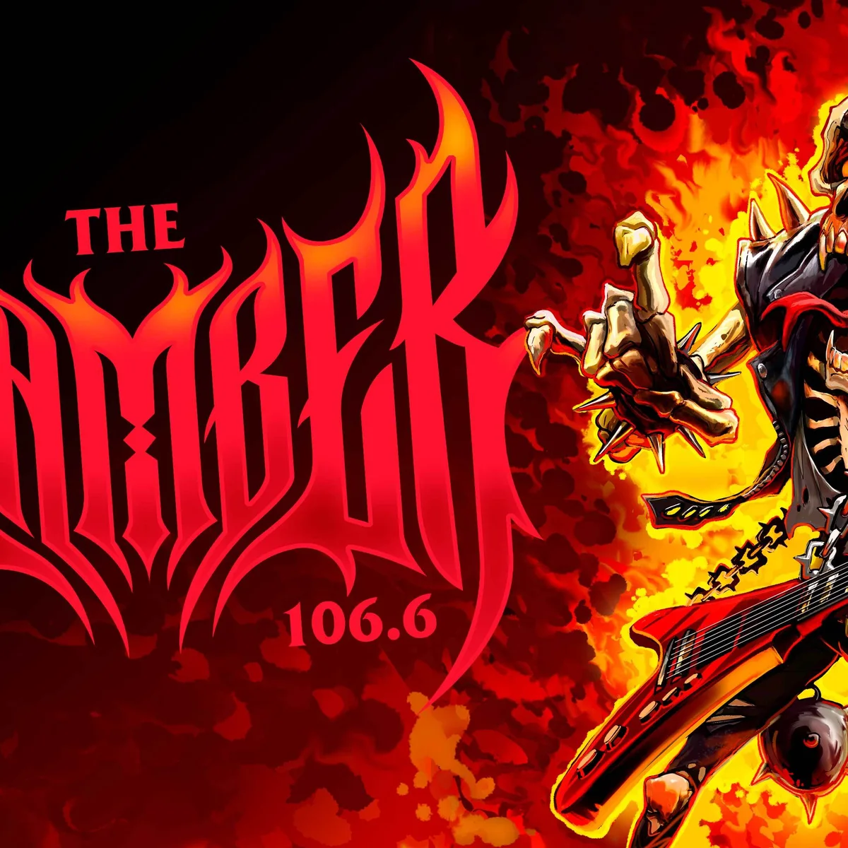 Official The Chamber 106.6 artwork with a skeleton holding a red guitar