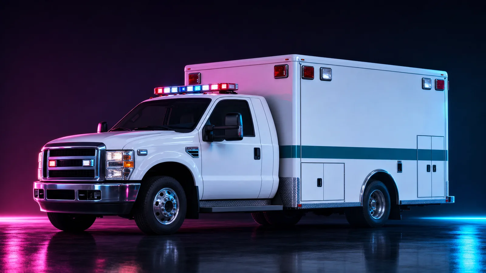 Dark studio render of a boxy American ambulance, placeholder concept for the GTA 6 emergency vehicle