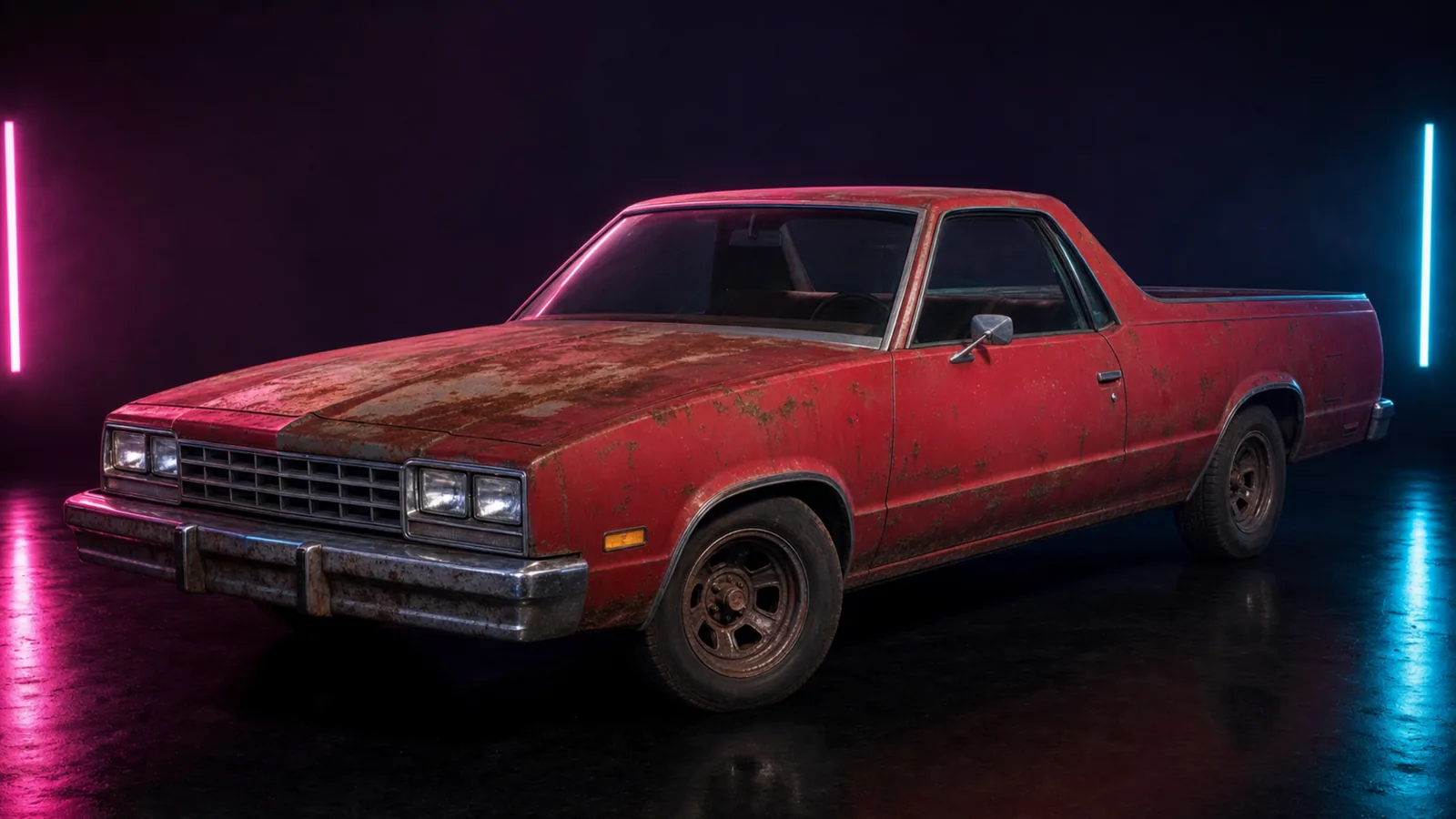 Dark studio render of a rusty El Camino-style muscle ute, placeholder concept for the GTA 6 Declasse Picador