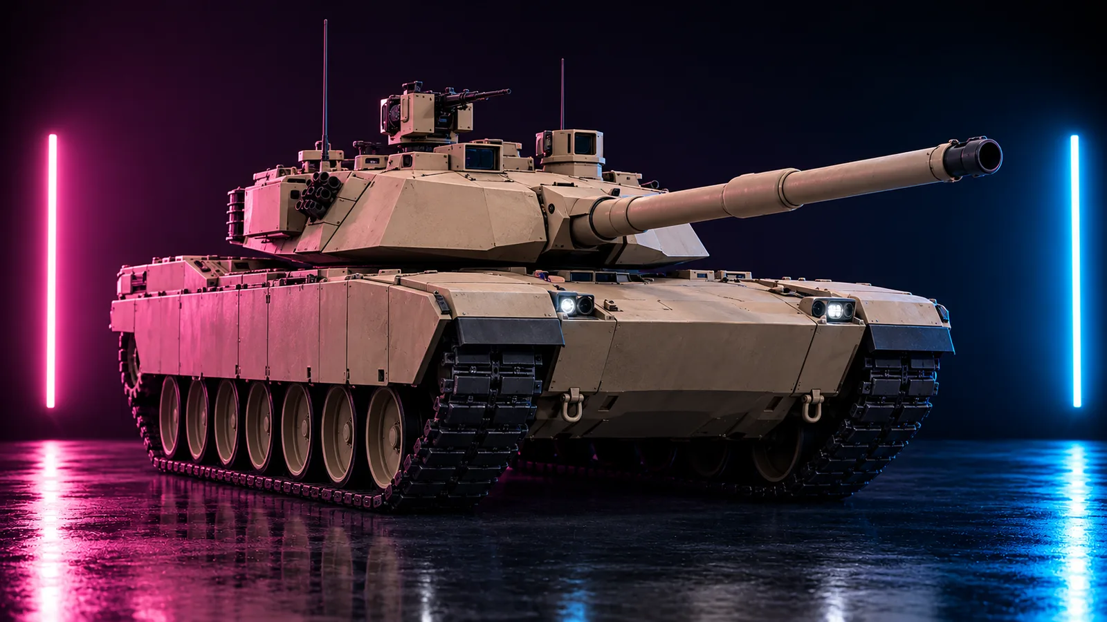 Dark studio render of a main battle tank, placeholder concept for the GTA 6 Rhino Tank