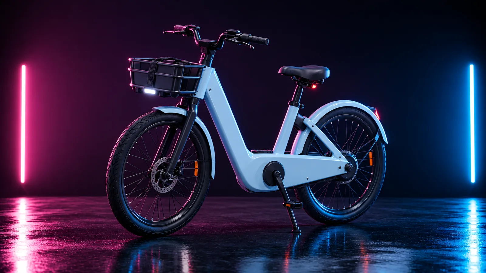 Dark studio render of a share bicycle at a dock, placeholder concept for the GTA 6 LomBike