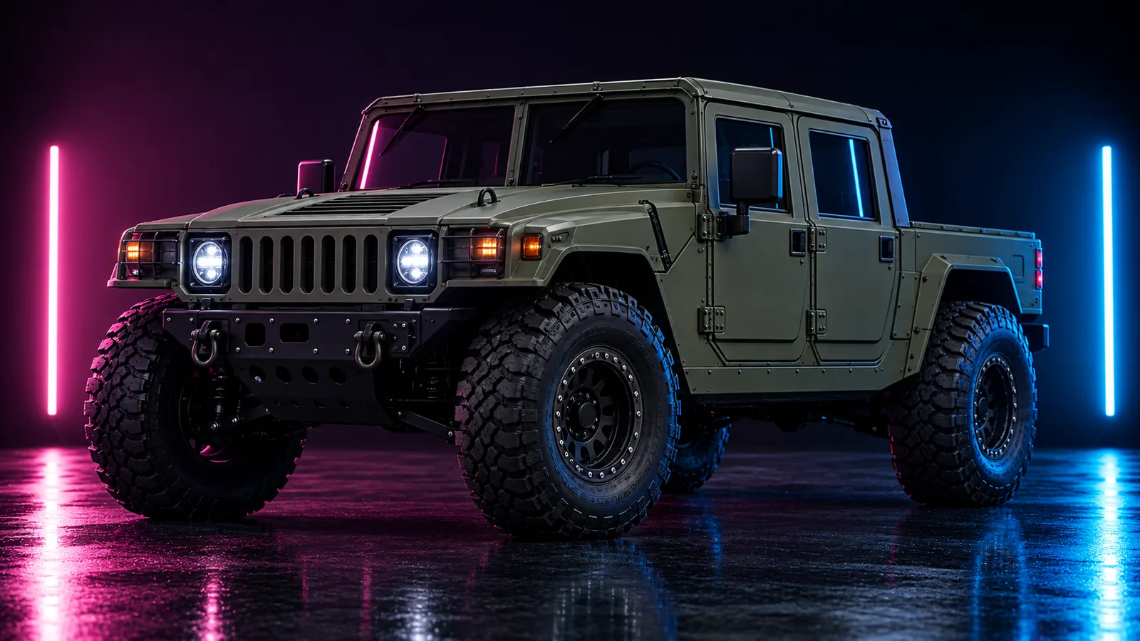 Dark studio render of a wide military pickup SUV, placeholder concept for the GTA 6 Patriot Mil-Spec