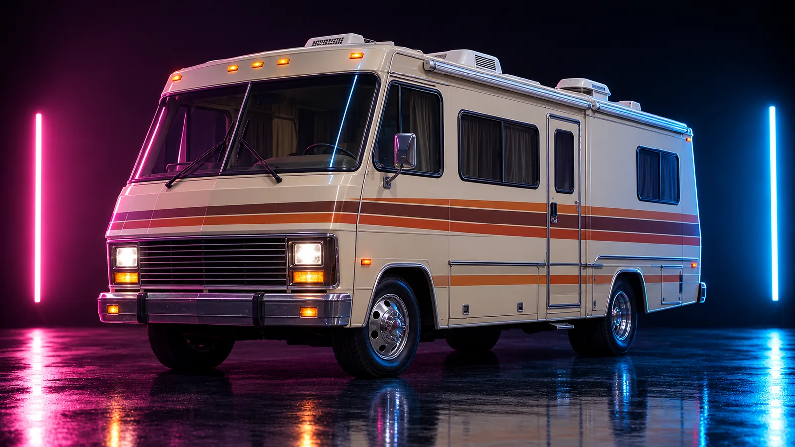 Dark studio render of a 1980s Class A motorhome, placeholder concept for the GTA 6 Moocher