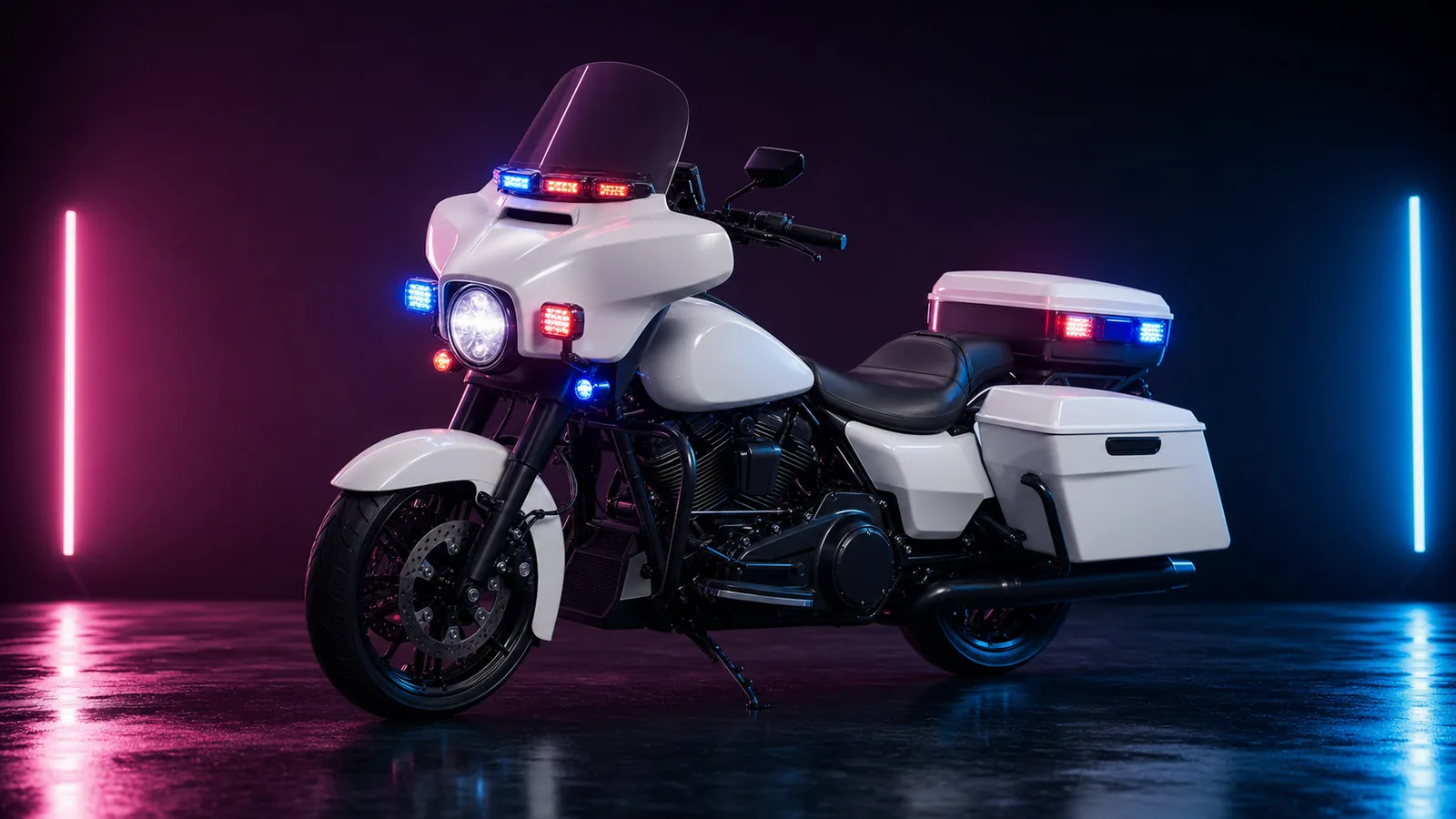 Dark studio render of a police motorcycle with emergency lights, placeholder concept for the GTA 6 vehicle