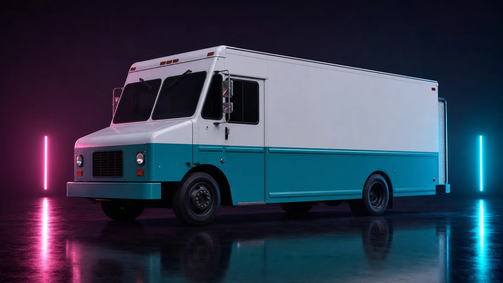 Dark studio render of a boxy courier van with teal livery, placeholder concept for the GTA 6 Scoop delivery van