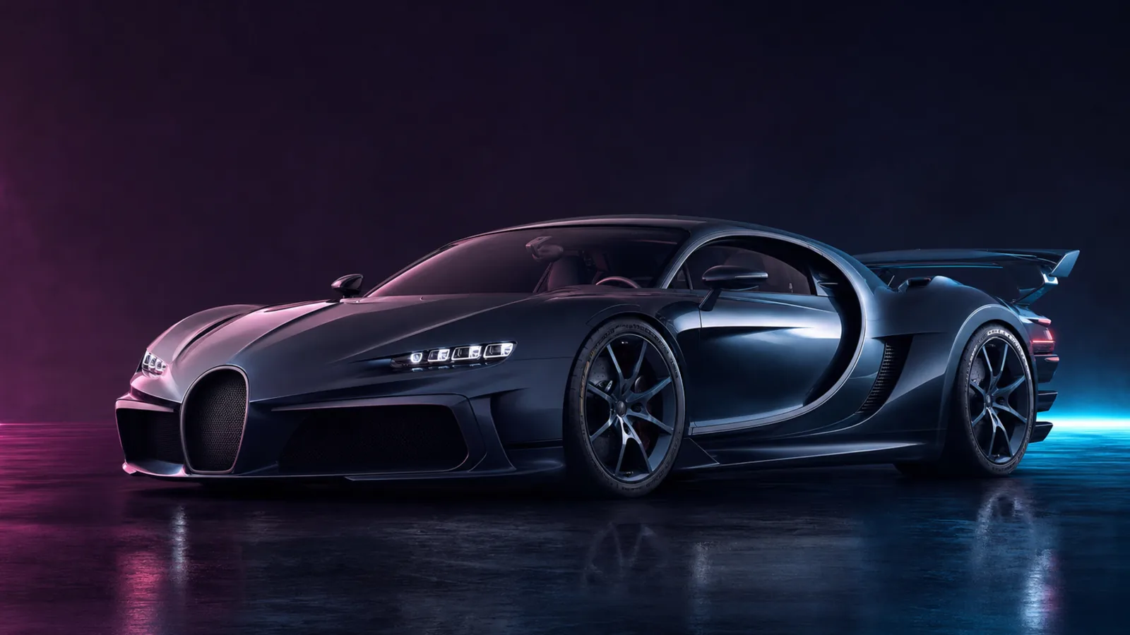 Dark studio render of a Bugatti-style hypercar, placeholder concept for the GTA 6 Truffade Thrax