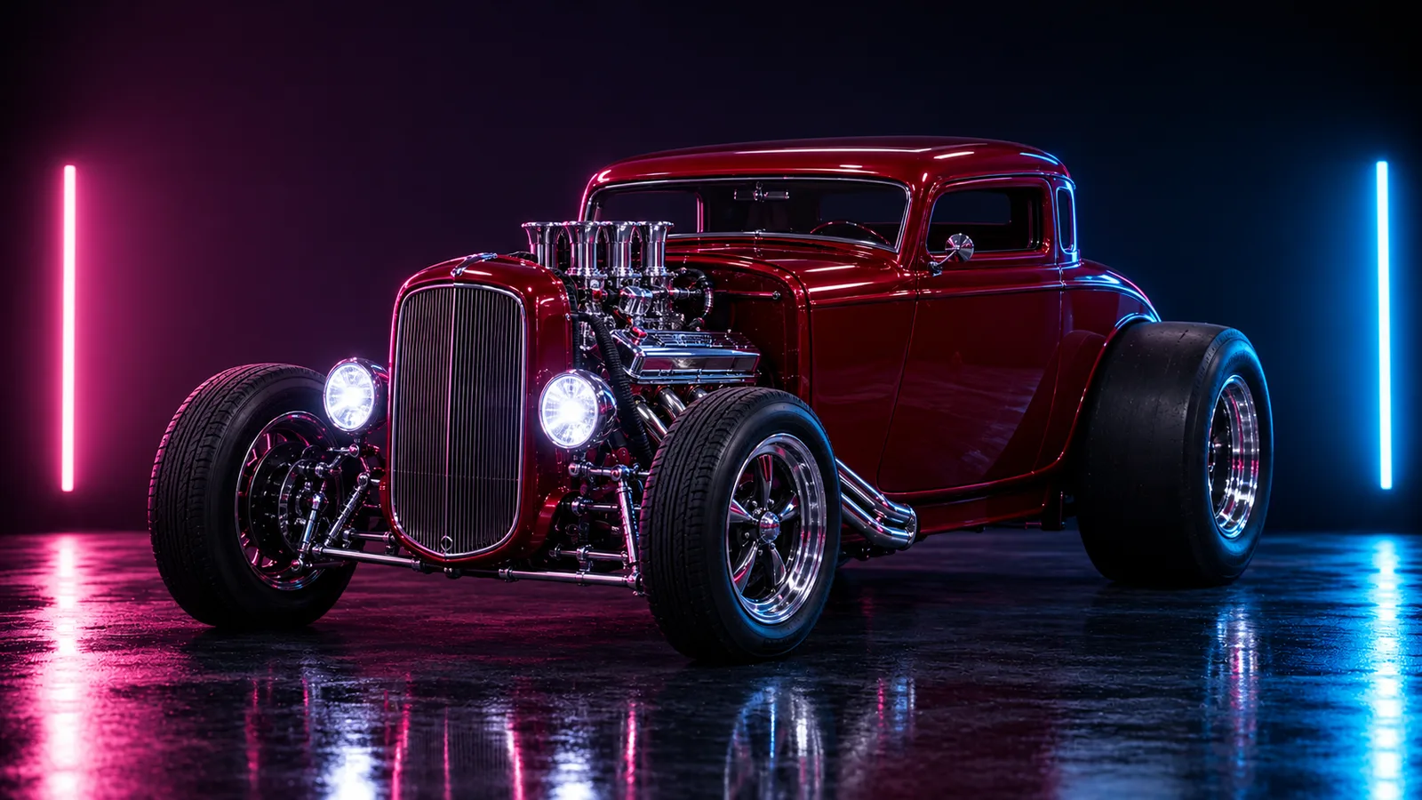 Dark studio render of a 1930s hot rod coupe, placeholder concept for the GTA 6 Vapid Hustler