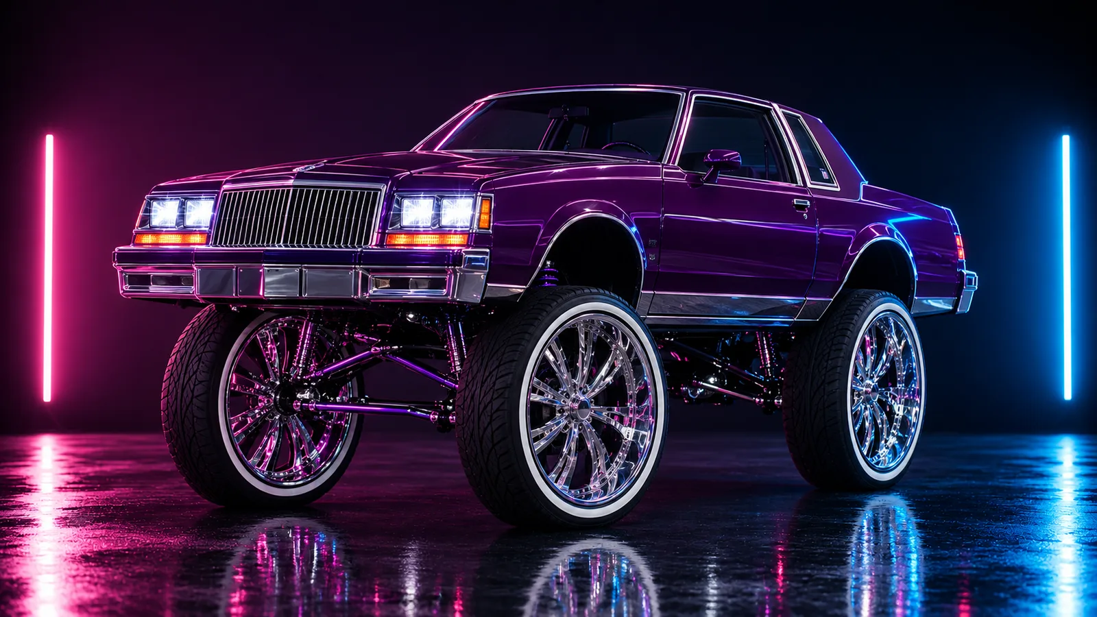 Dark studio render of a hi-riser muscle car on oversized wheels, placeholder concept for the GTA 6 Faction Custom Donk