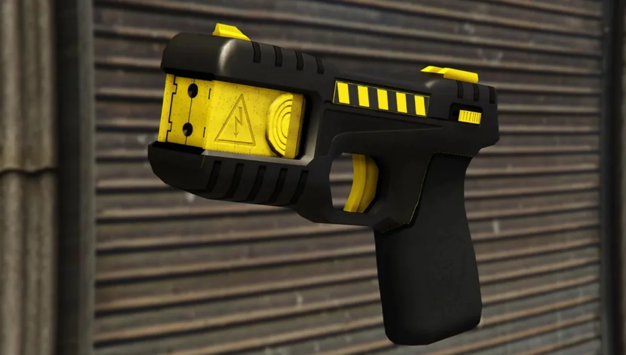 Black and yellow Coil Shocker taser mounted against a corrugated metal wall in GTA 6