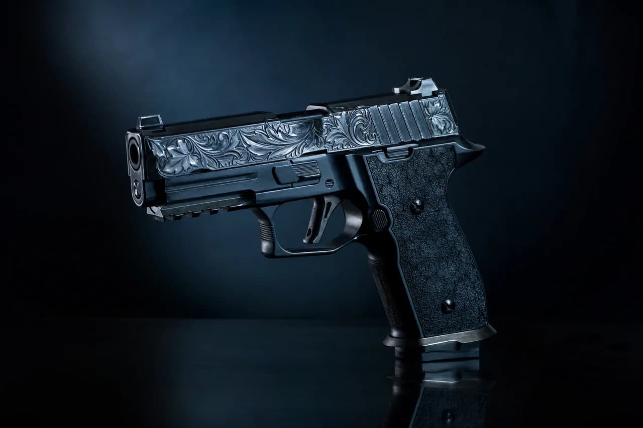 Engraved semi-automatic pistol concept render for the Girardi ES9, Jason’s GTA 6 sidearm