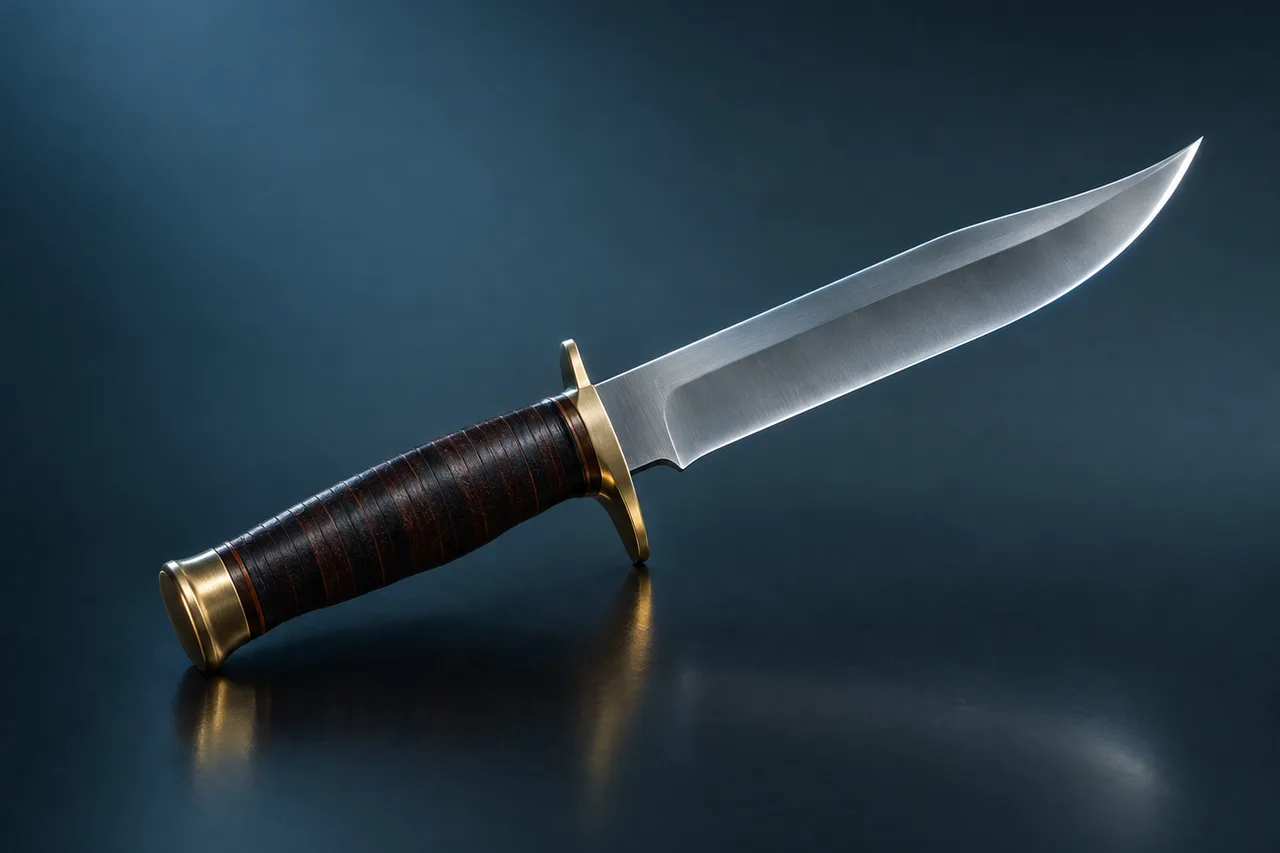 Bowie-style hunting knife with a clip-point blade and stacked-leather handle on a dark surface, placeholder render for the GTA 6 Hunting Knife