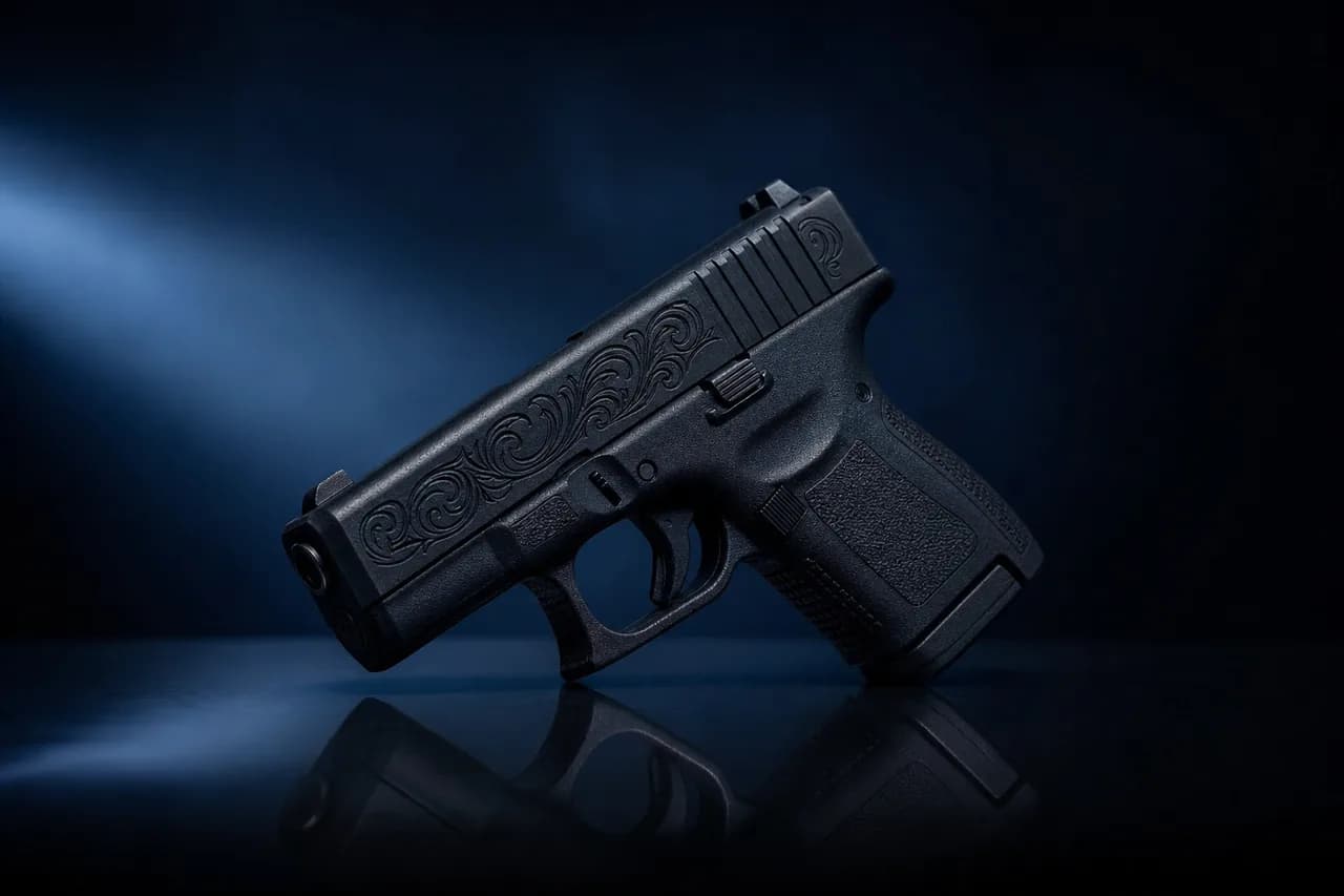 Compact engraved polymer pistol concept render for the Klose K17, Lucia’s GTA 6 sidearm