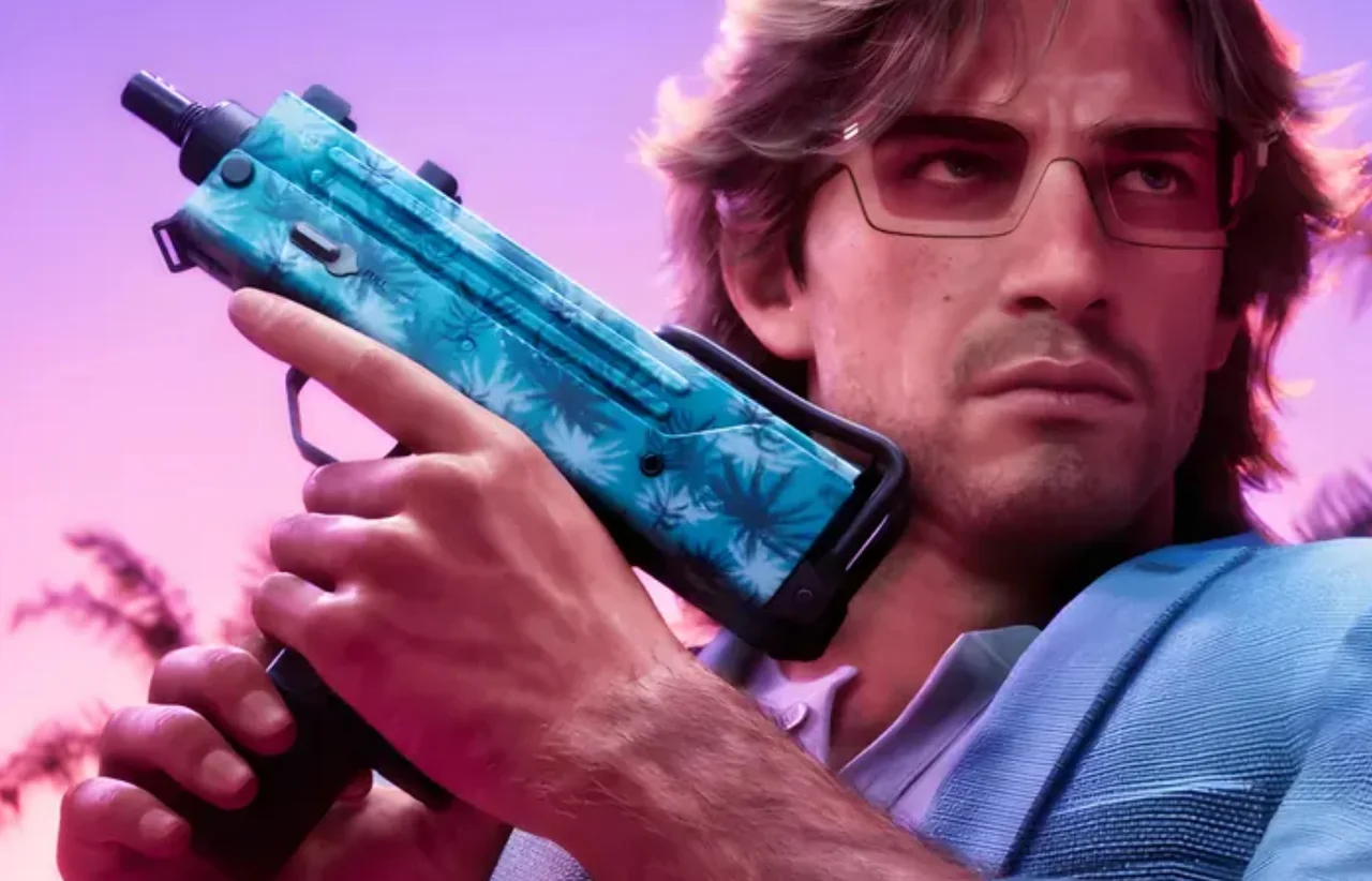 Character in glasses shouldering a blue palm-print MAC-11 machine pistol against a pink Vice City sky in GTA 6