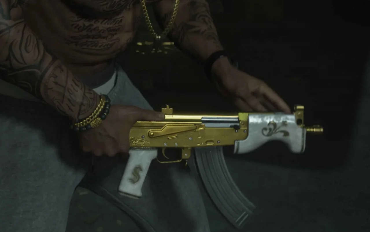 Gold Micro Draco compact rifle with a white dollar-sign grip held by tattooed hands in GTA 6