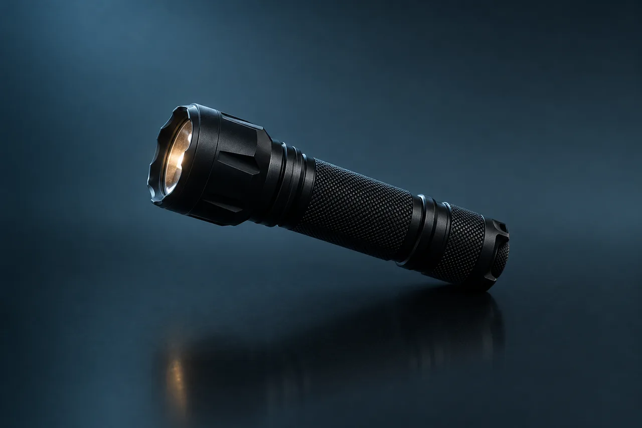 Black knurled tactical flashlight with a faint warm glow in the lens, placeholder render for the GTA 6 Vom Feuer Flashlight
