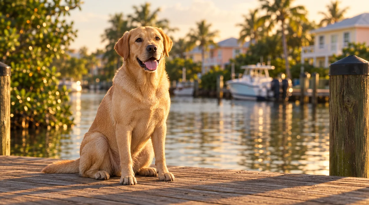 Concept render of a yellow Labrador on a dock in GTA 6