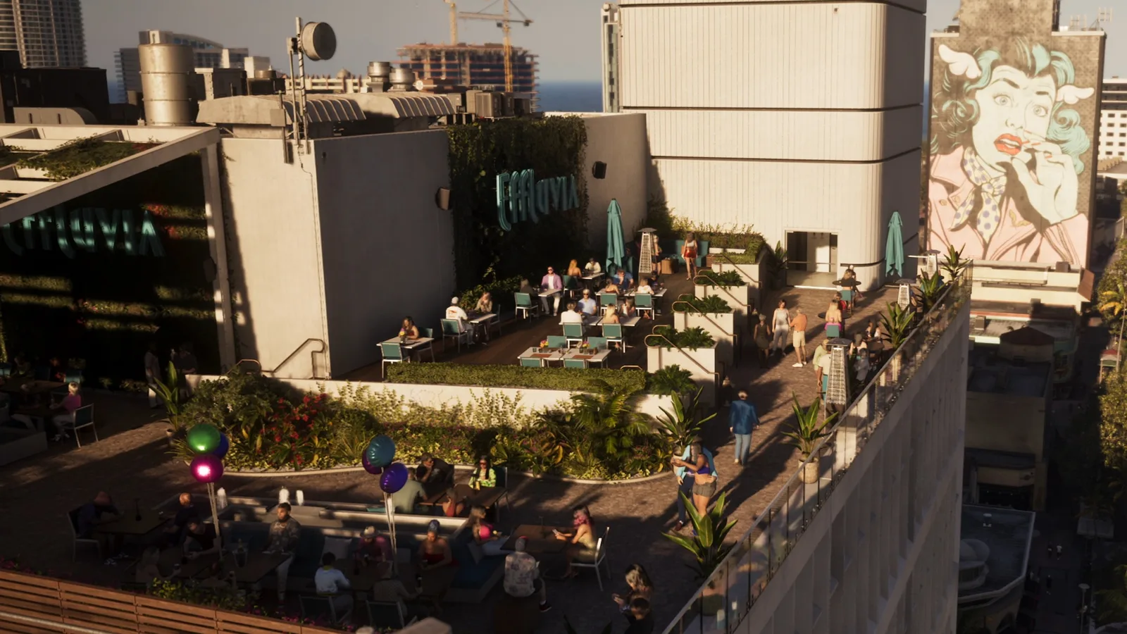 Effluvia’s rooftop terrace seen from above, packed with diners beside a huge mural in the GTA 6 Extended Look