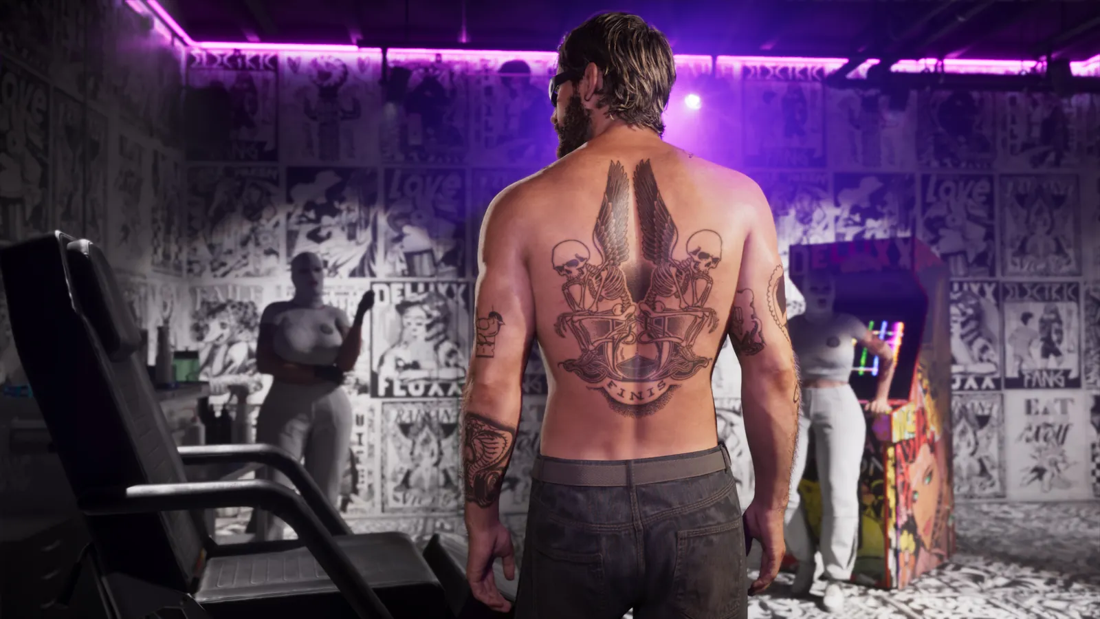 Jason showing off a large back tattoo inside Electric Fang Tattoo in an official GTA 6 screenshot