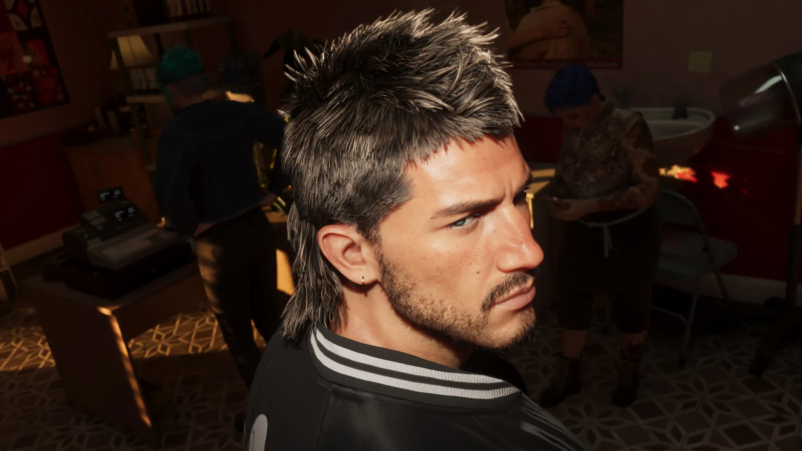 Jason with a freshly cut mullet inside Sara's Unisex Salon in an official GTA 6 screenshot