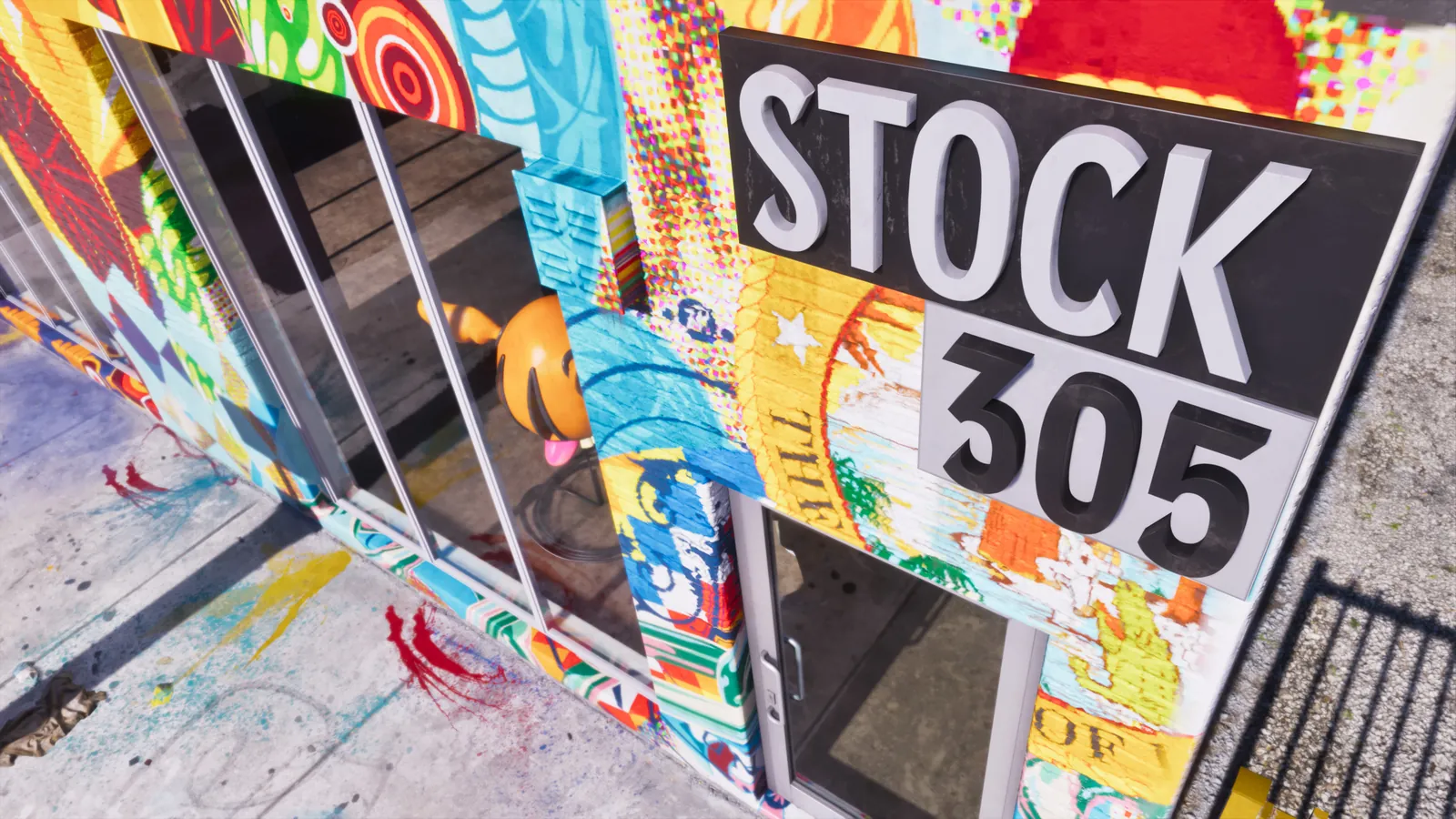 Stock 305 storefront sign above the mural-covered entrance in an official GTA 6 screenshot