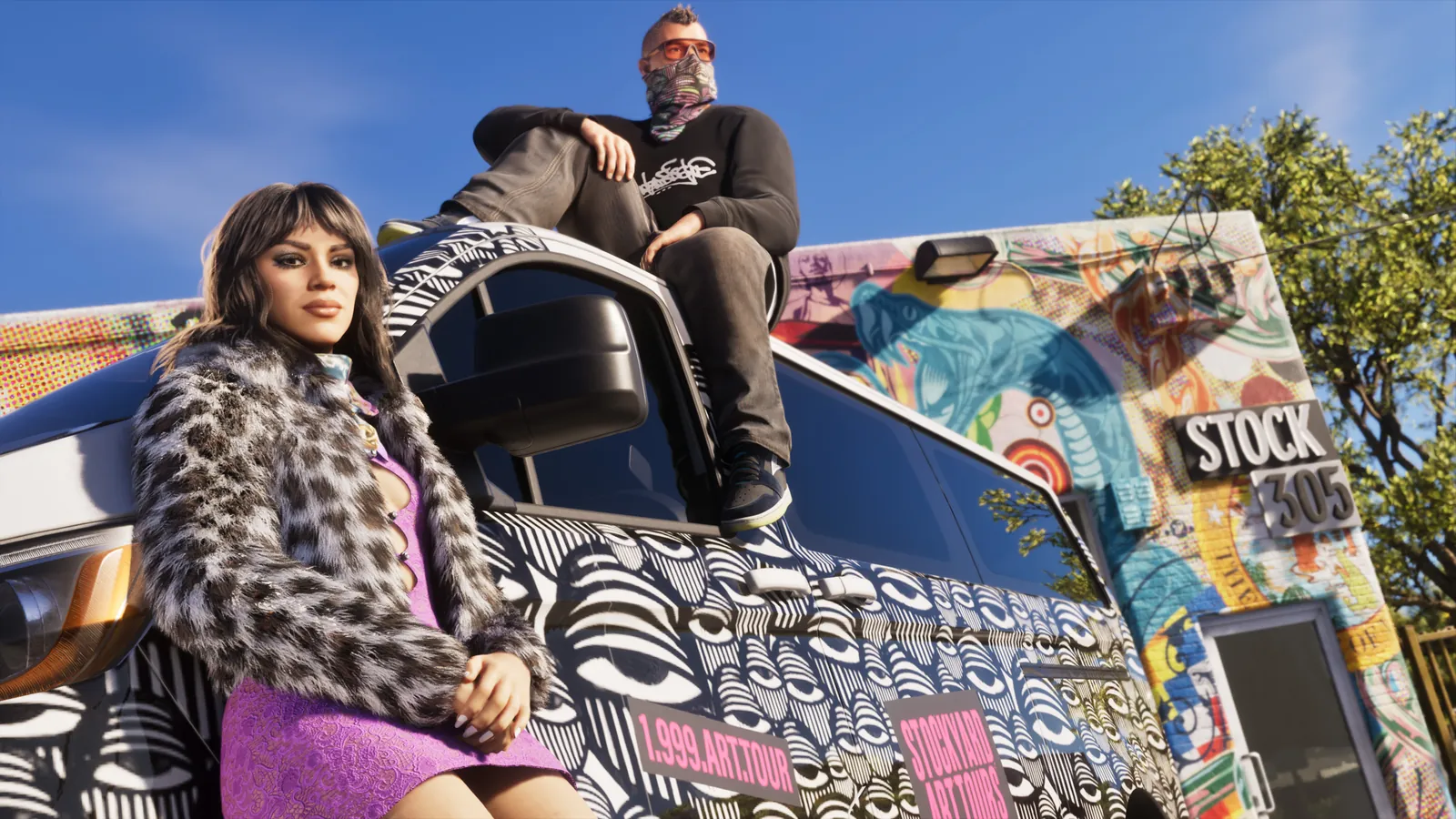 Jason and Lucia posing with a graffiti-wrapped Stock 305 van in an official GTA 6 screenshot