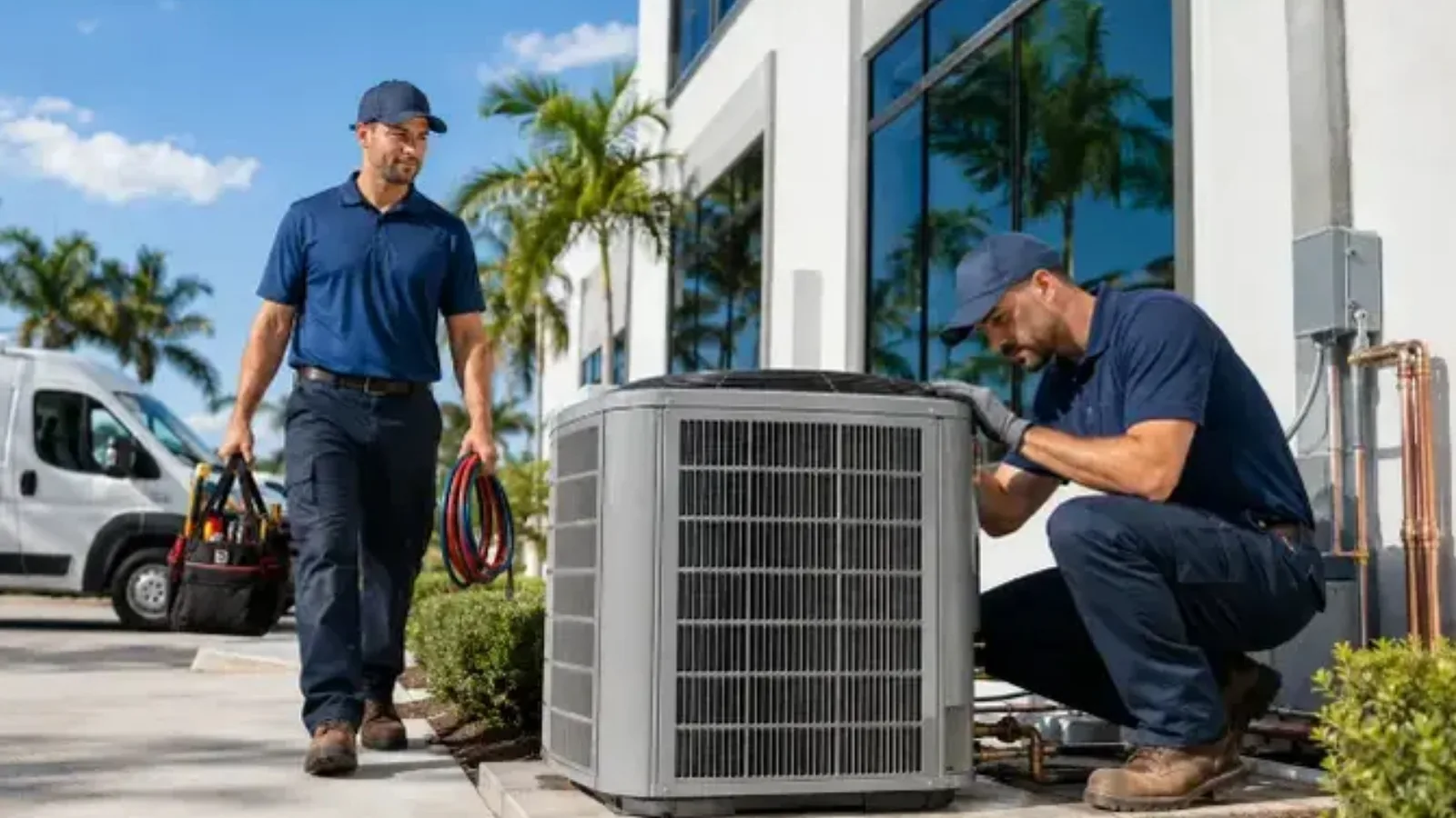 Technicians installing an air conditioning condenser outside a building