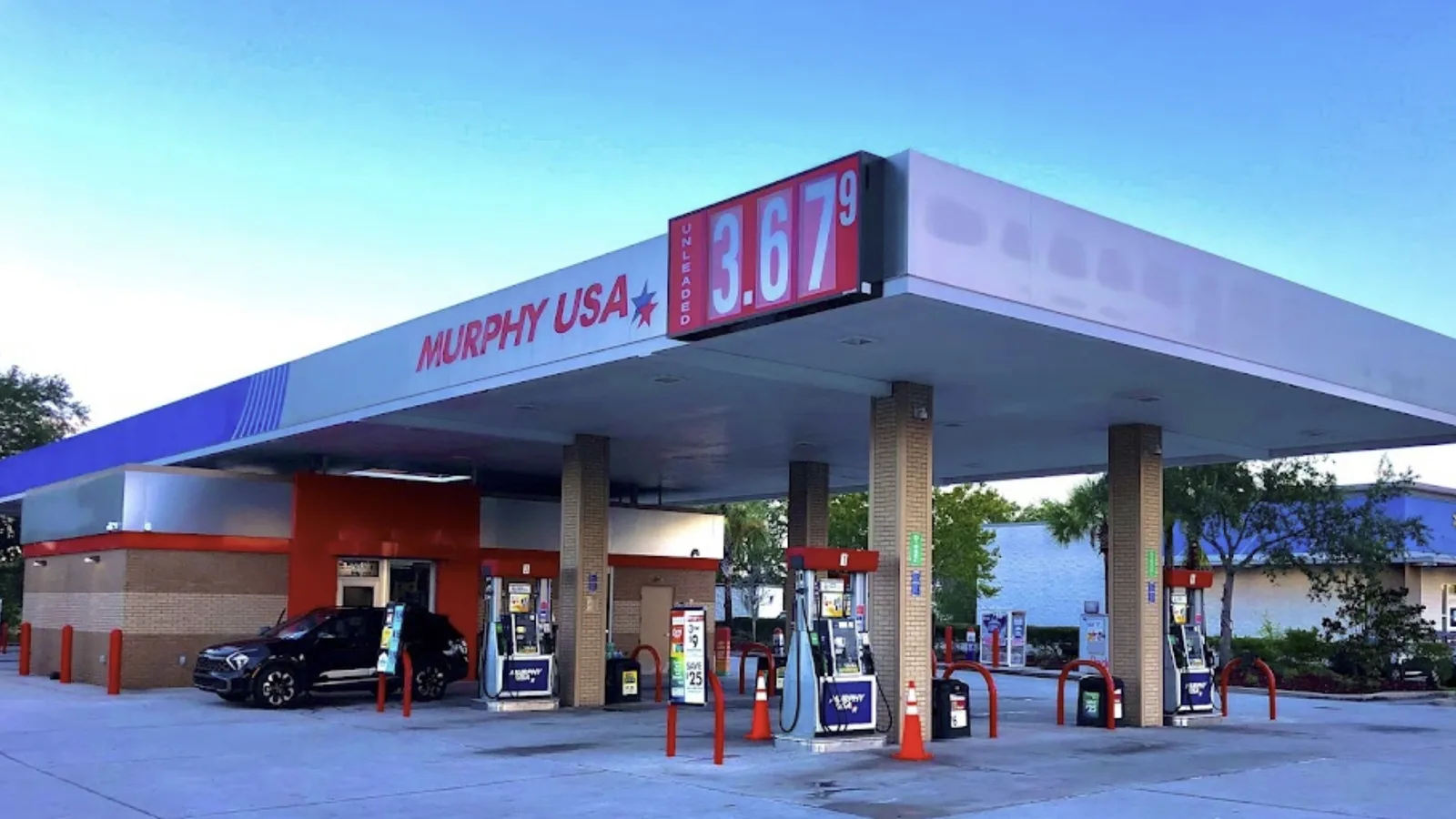 Fuel pumps under the canopy of an American petrol station