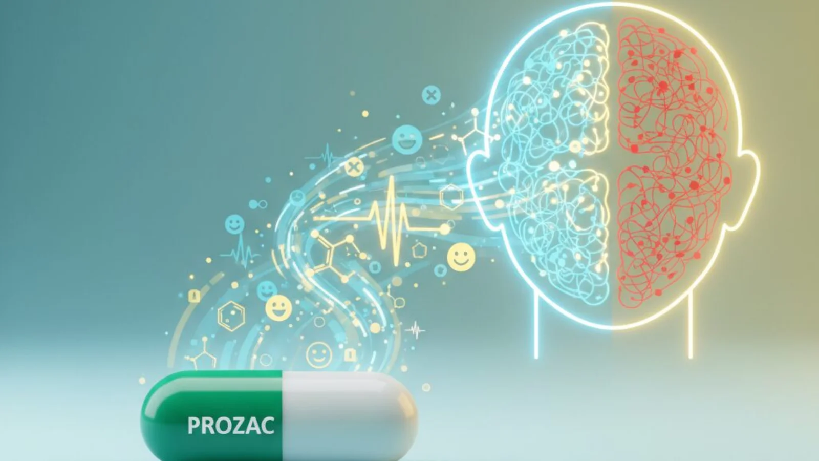 A Prozac capsule illustration beneath a stylised brain graphic