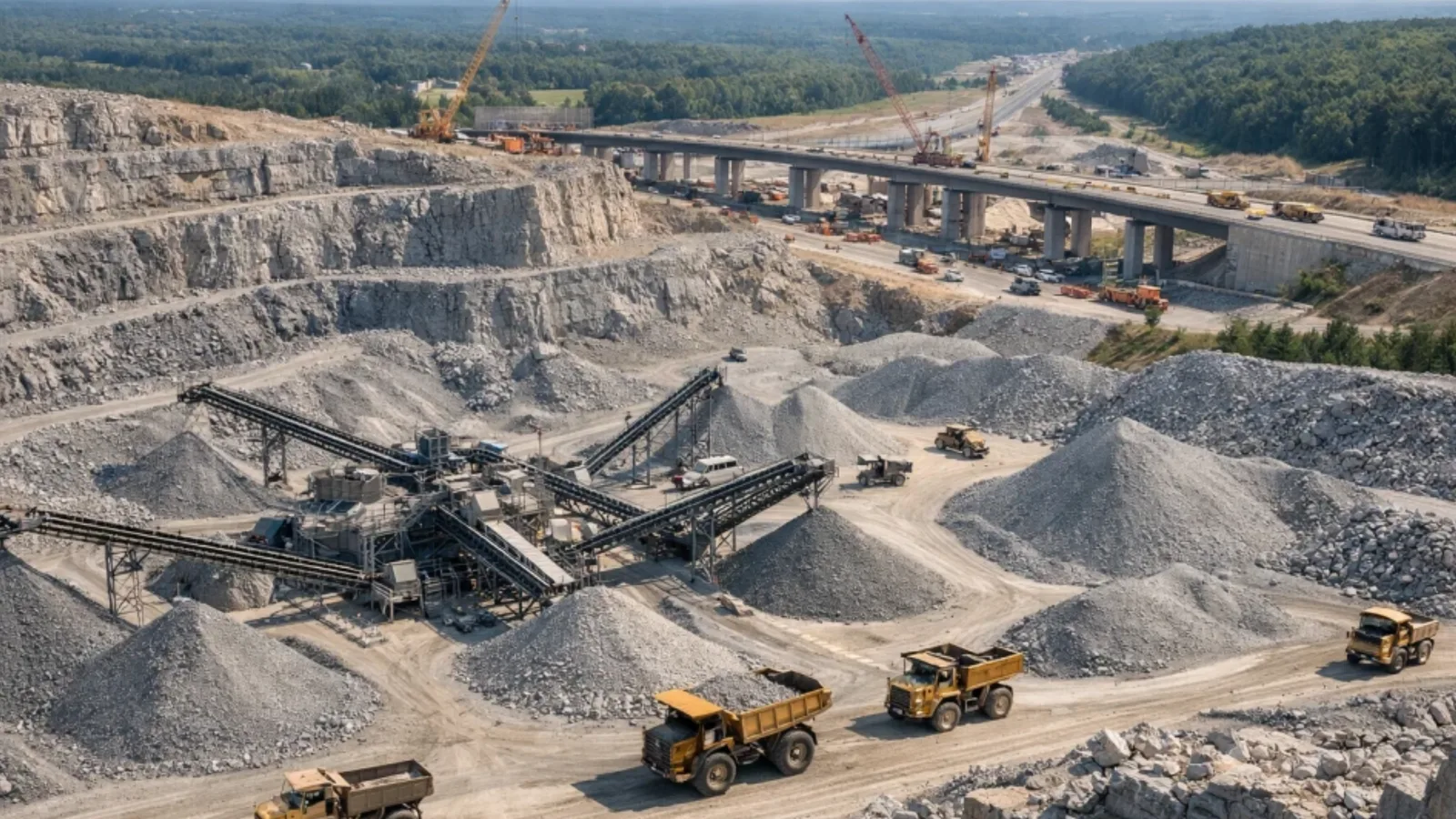 Crushers and stockpiles at a working aggregate quarry