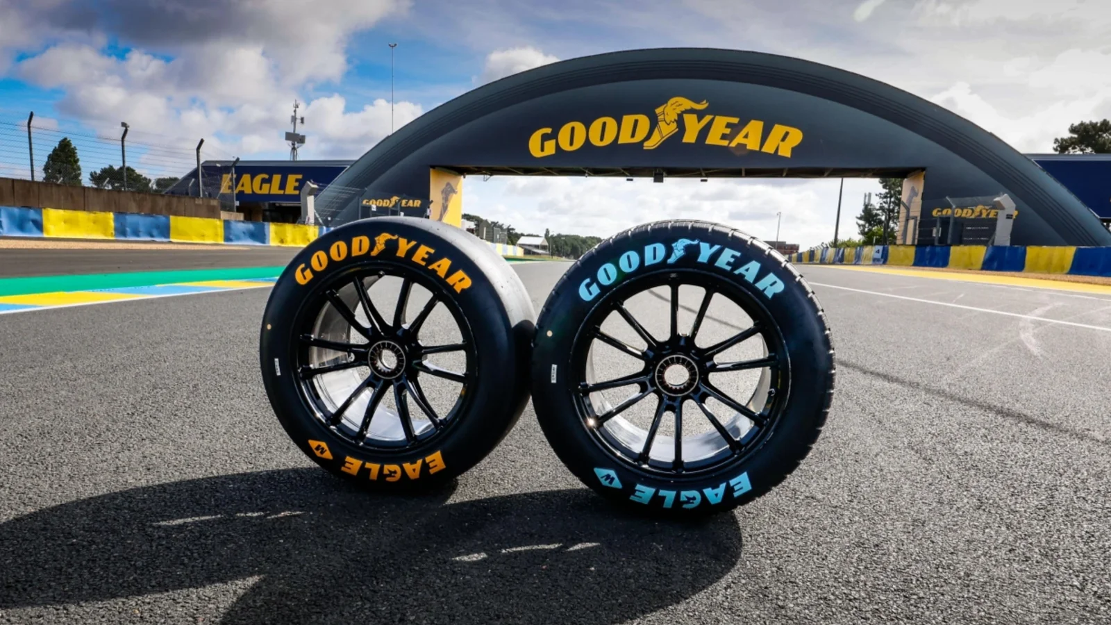 Goodyear racing tyres beneath the trackside Goodyear arch