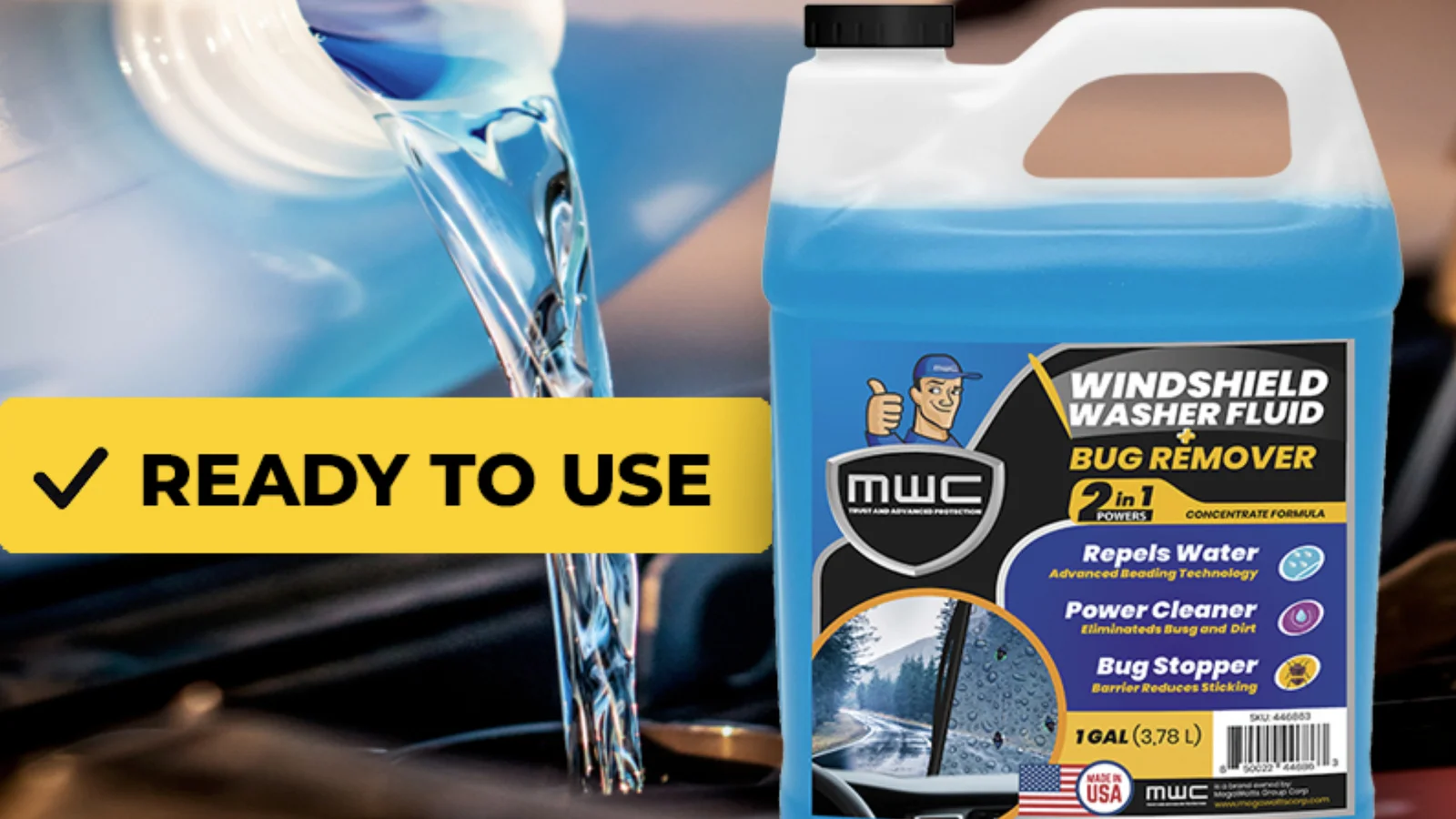 A blue jug of ready to use windscreen washer fluid