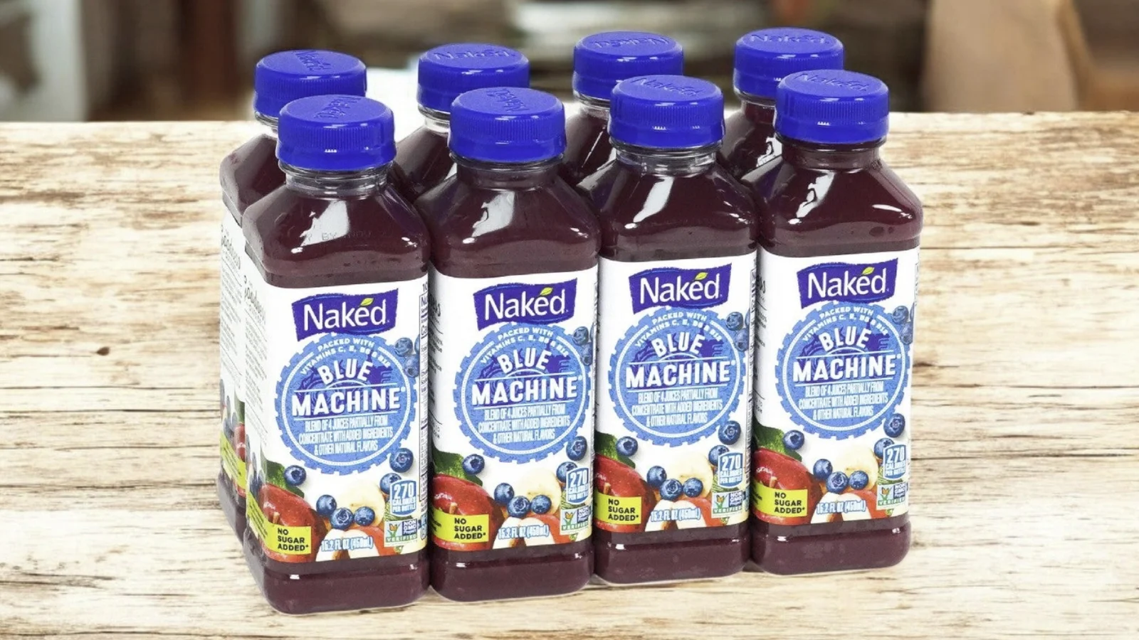 Naked Juice smoothie bottles in a row