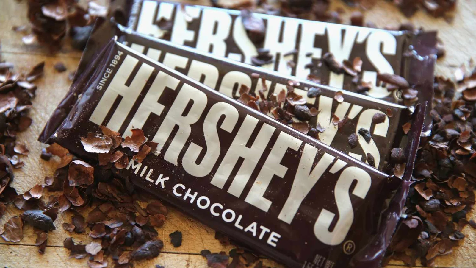 A Hershey’s milk chocolate bar broken into pieces