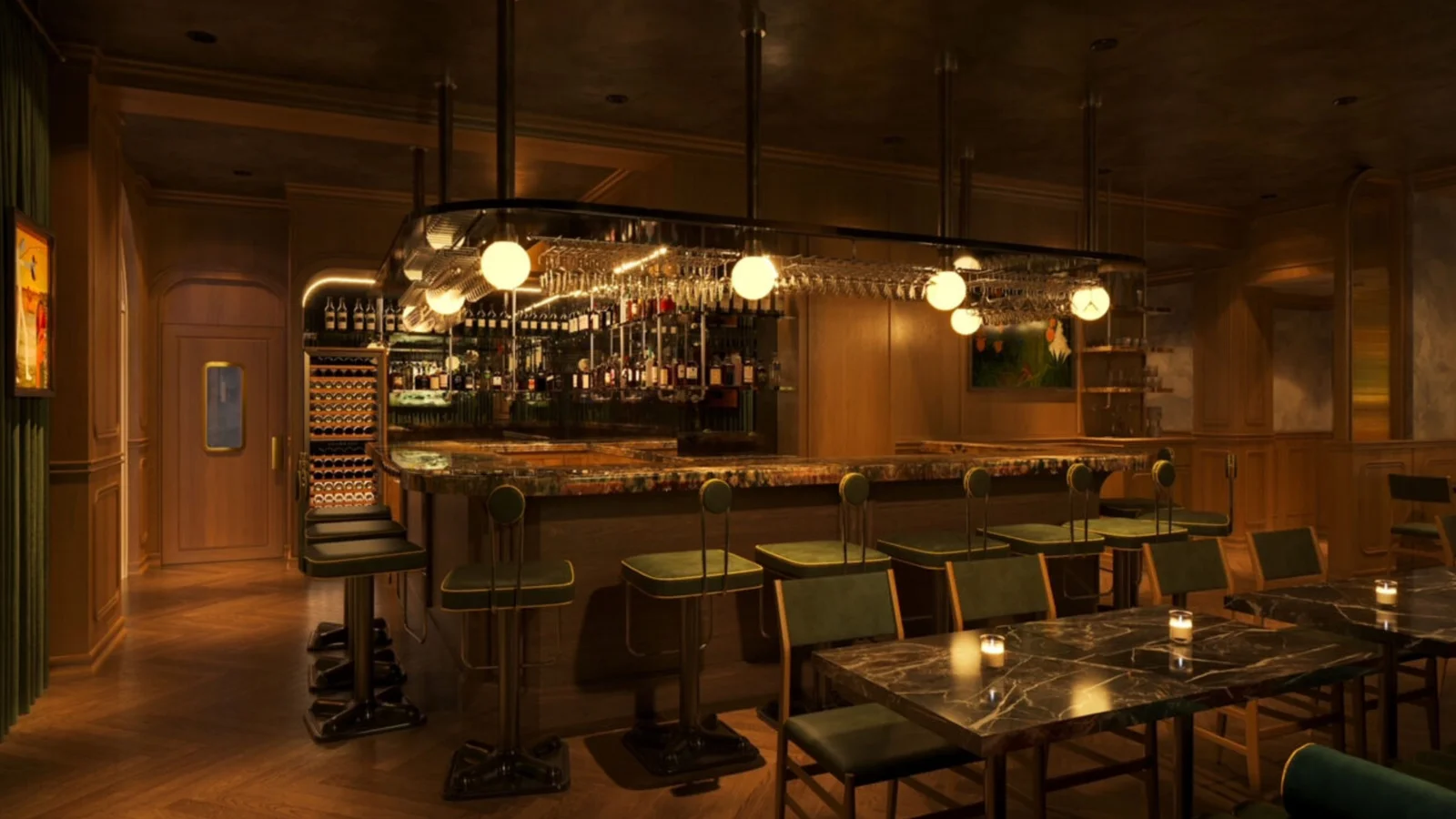 A dim restaurant dining room set for evening service