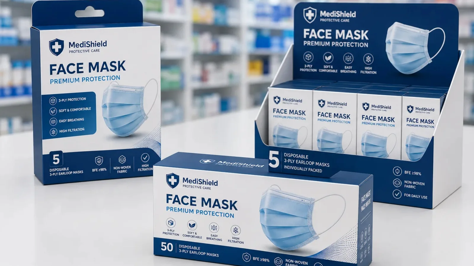 Disposable face mask packaging on a pharmacy counter