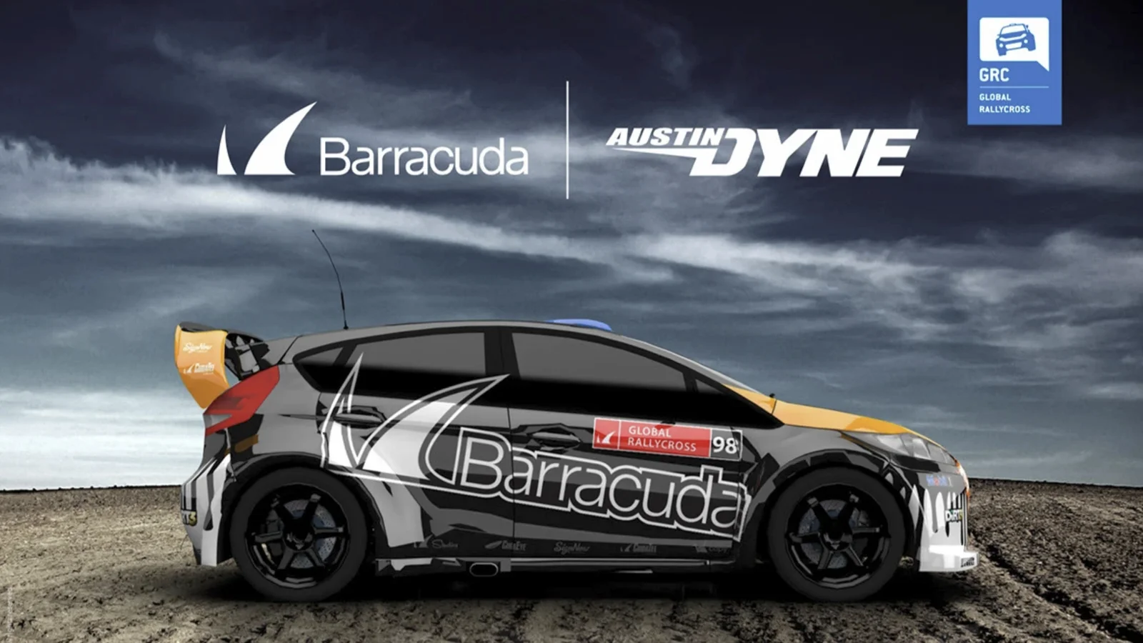 A rally car wrapped in sponsor logos