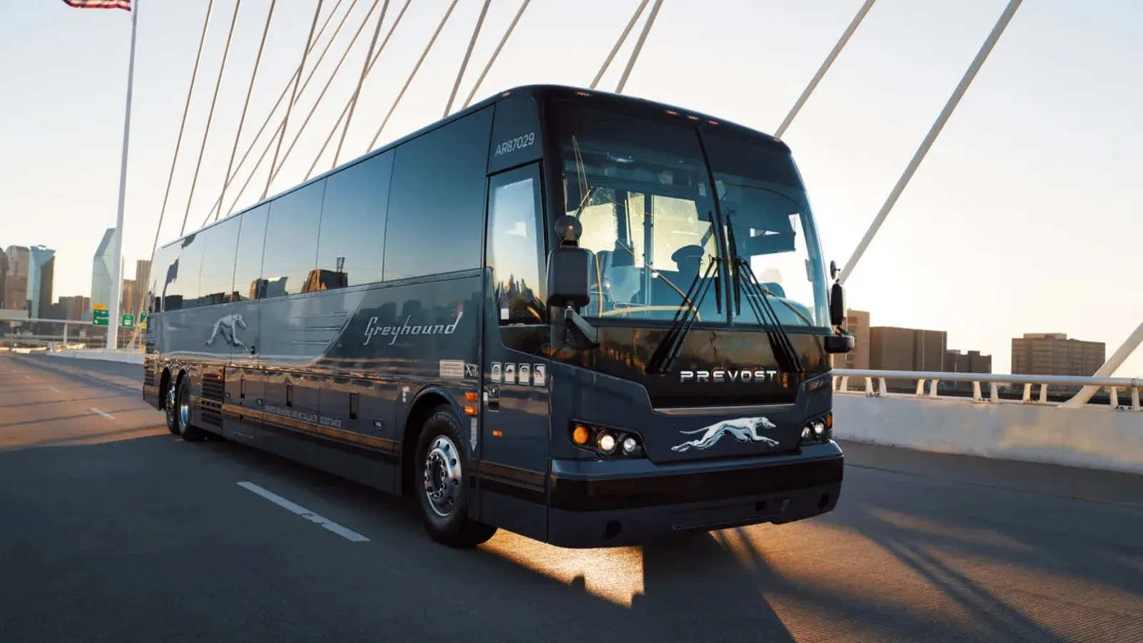 A modern long distance coach crossing a cable stayed bridge