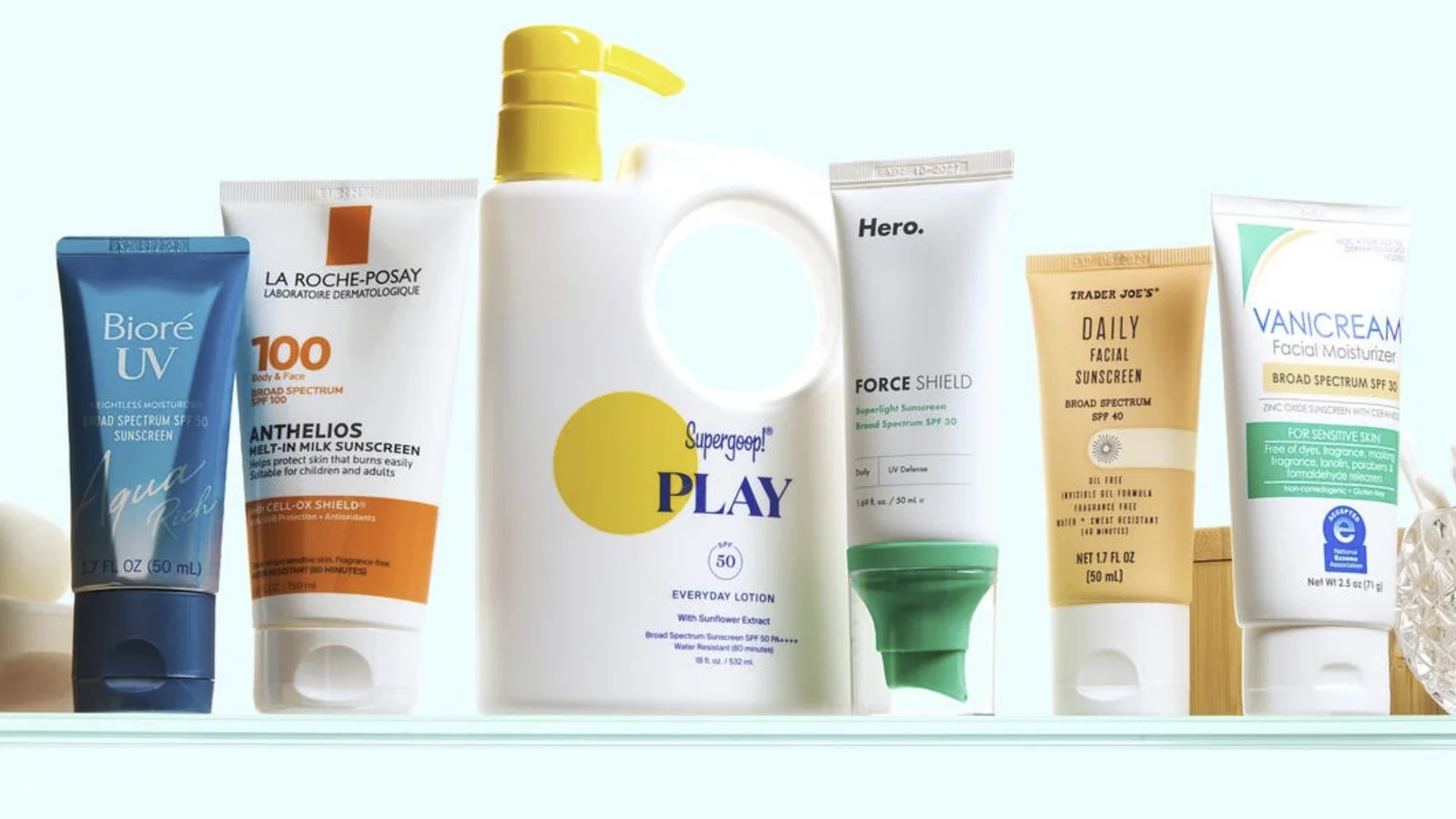 A shelf lineup of high SPF sunscreen brands