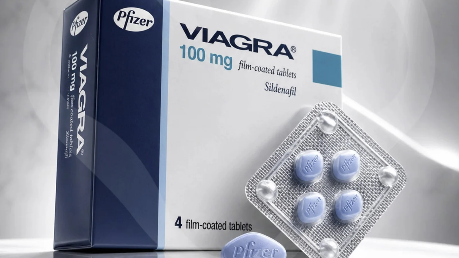 A Viagra pack with its blue film-coated tablets