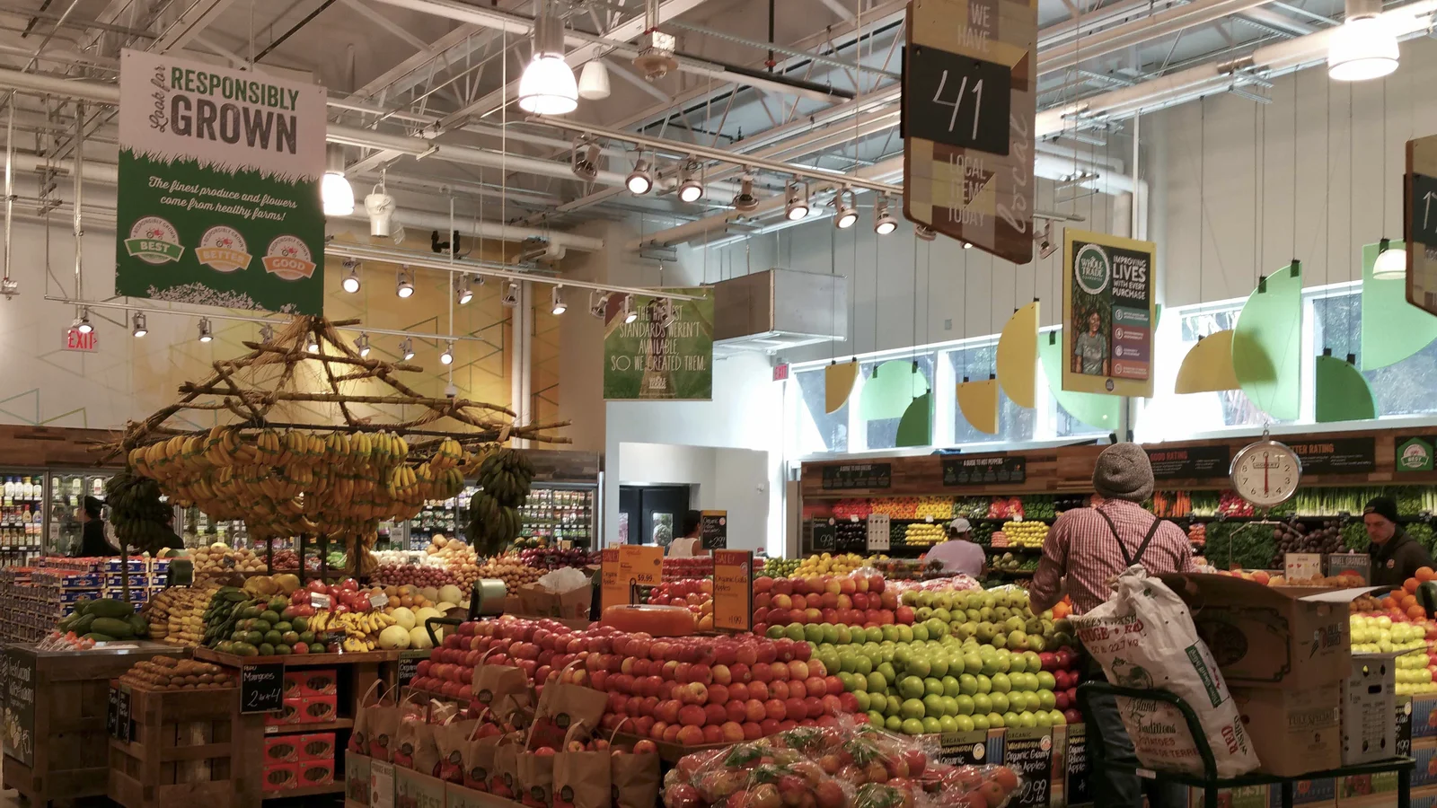 The produce aisles of a Whole Foods Market