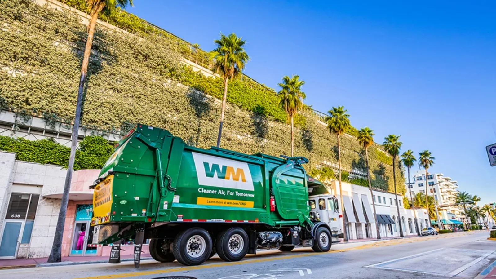 A green refuse truck collecting bins on a palm lined street