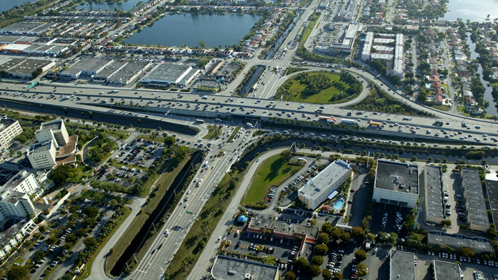 Aerial view of a sprawling South Florida highway interchange
