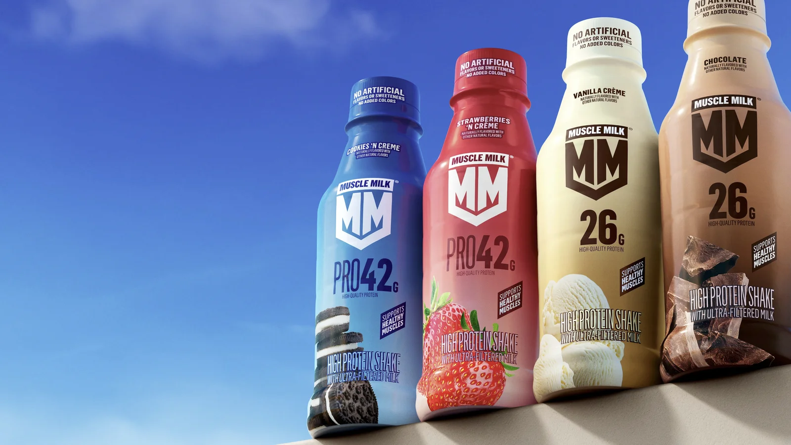 Muscle Milk protein bottles against a blue sky