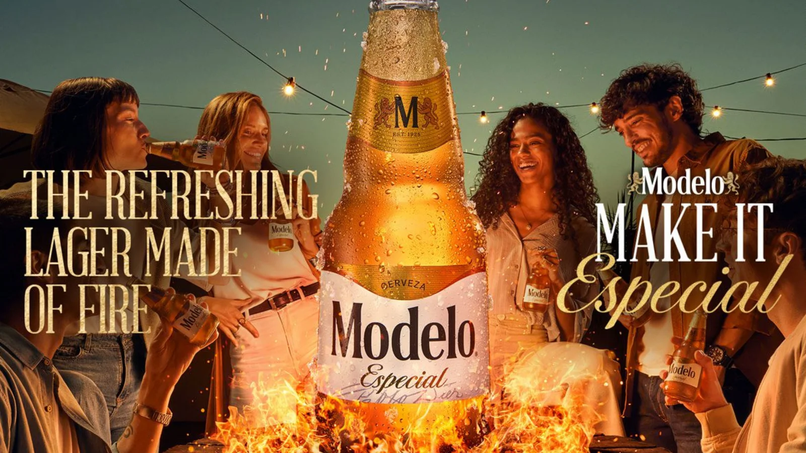 A Modelo Especial bottle in a fireside advert