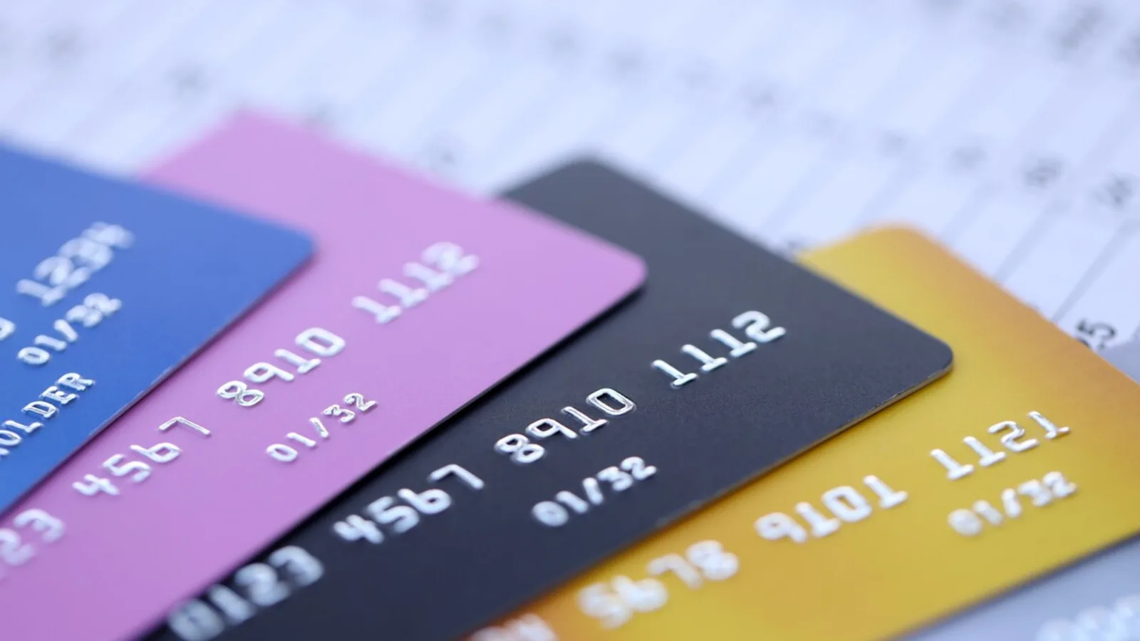 A fanned stack of credit cards in close up