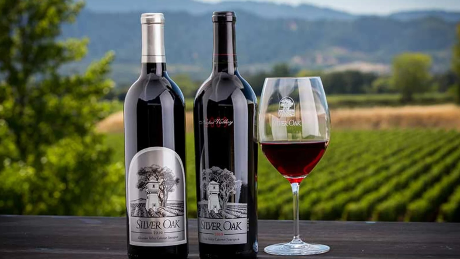 Wine bottles and a glass above a California vineyard
